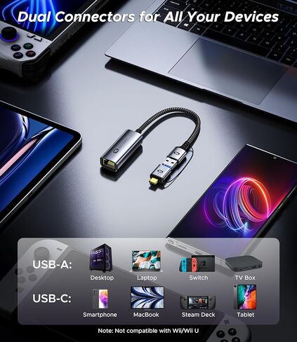 محول USB إلى إيثرنت، محول USB إلى إيثرنت بسرعة 1 جيجابت في الثانية، [مطلي بالذهب] WARRKY 2 في 1 USB 3.0 ومحول USB-C إلى إيثرنت، متوافق مع Mac وiPad Pro وiPhone 15 وXPS وWindows وLinux وSwitch ، مي بوكس in Kuwait