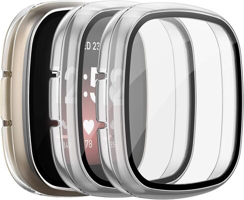 [عبوة من 3 قطع] واقي شاشة Mugust لـ Fitbit Sense/Versa 3 مع حافظة واقية تعمل باللمس من الزجاج المقوى عالي الدقة، غطاء صلب من البولي كربونات مع مصد تغطية كاملة للساعة الذكية Sense/Versa 3 (ذهبي وردي/أسود/شفاف) in Kuwait