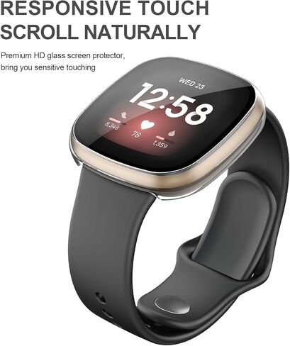 [عبوة من 3 قطع] واقي شاشة Mugust لـ Fitbit Sense/Versa 3 مع حافظة واقية تعمل باللمس من الزجاج المقوى عالي الدقة، غطاء صلب من البولي كربونات مع مصد تغطية كاملة للساعة الذكية Sense/Versa 3 (ذهبي وردي/أسود/شفاف) in Kuwait