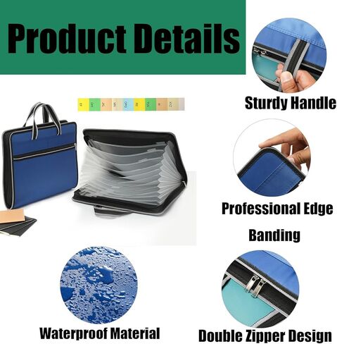 مجلد ملفات قابل للتوسيع بمقبض، منظم ملفات الأكورديون 13 جيبًا مع سحاب وملصقات، منظم ملفات قماش مقاوم للماء، حافظة ملفات الأكورديون لحجم الحروف/ورق A4 in Kuwait