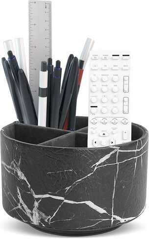 Round Leather Art Supply Organizer,Remote Control Holder,360 Degree Spinning,Multi-Functional Pencil Holder,4 Compartments Desktop Stationary Organizer(1-Black Splash Ink) in Saudi Arabia