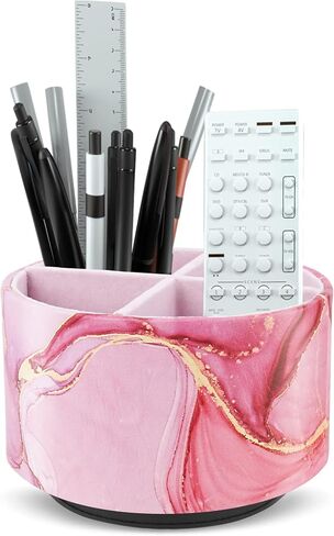 Round Leather Art Supply Organizer,Remote Control Holder,360 Degree Spinning,Multi-Functional Pencil Holder,4 Compartments Desktop Stationary Organizer(1-Black Splash Ink) in Saudi Arabia