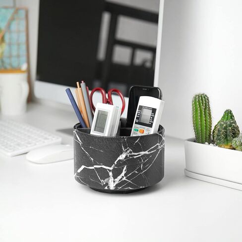 Round Leather Art Supply Organizer,Remote Control Holder,360 Degree Spinning,Multi-Functional Pencil Holder,4 Compartments Desktop Stationary Organizer(1-Black Splash Ink) in Saudi Arabia