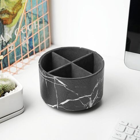 Round Leather Art Supply Organizer,Remote Control Holder,360 Degree Spinning,Multi-Functional Pencil Holder,4 Compartments Desktop Stationary Organizer(1-Black Splash Ink) in Saudi Arabia