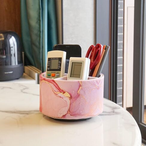 Round Leather Art Supply Organizer,Remote Control Holder,360 Degree Spinning,Multi-Functional Pencil Holder,4 Compartments Desktop Stationary Organizer(1-Black Splash Ink) in Saudi Arabia
