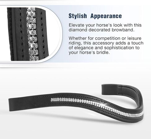 Harrison Howard Curved Padded Diamond Decorated Leather Browband for Horse Bridles Bling browband Black Large in Saudi Arabia