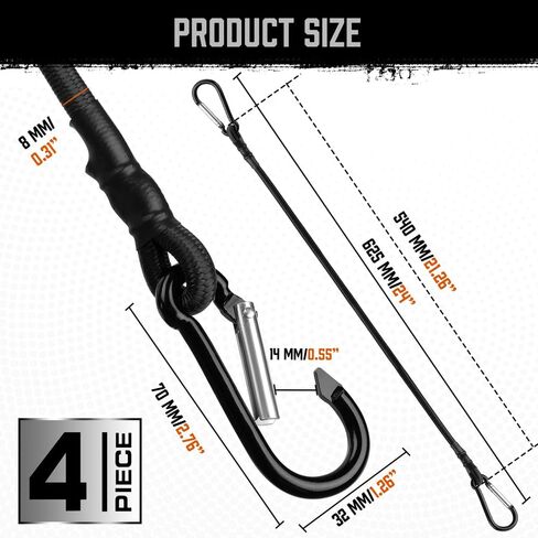 HORUSDY 4 قطع من حبال بنجي مع خطافات حلقة تسلق، 24 بوصة، أشرطة مطاطية شديدة التحمل قوية للتخييم، البضائع، الدراجة، خيمة خارجية، رف الأمتعة in Kuwait