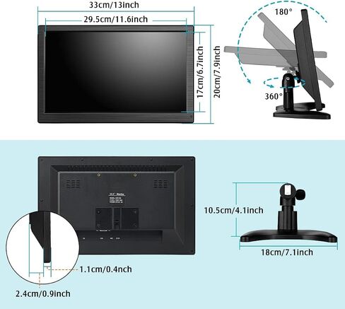 شاشة Eyoyo صغيرة HDMI - 12 بوصة HD IPS شاشة قابلة للتركيب VGA شاشة خارجية للكمبيوتر المحمول لأجهزة الكمبيوتر المحمول PC PS4 Xbox CCTV Security، 1366x768، مكبرات صوت مدمجة in Saudi Arabia