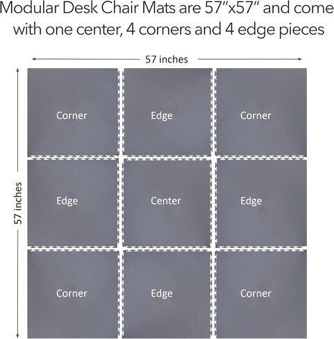 RESILIA - Premium Modular Desk Chair Mat for Carpet and Hard Flooring, Heavy-Duty, Non-Slip PVC Vinyl Office Floor Protectors, 57-Inches x 57-Inches, Set of 9 Tiles with Beveled Edges, Grey in Saudi Arabia