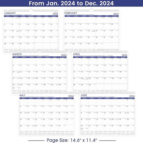 تقويم 2024 - يناير - ديسمبر 2024 تقويم حائط، 12 تقويمًا شهريًا، 14.6 بوصة × 11.5 بوصة، تقويم حائط مع رباط مزدوج السلك، خطاف تعليق، ورق سميك in Saudi Arabia