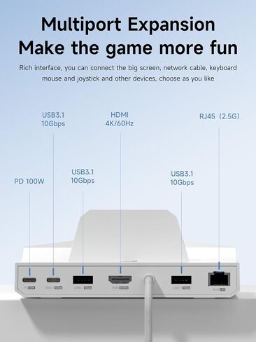 قاعدة إرساء Hagibis USB C لسطح البخار، ROG Ally، Lenovo Legion Go، Switch، AYANEO، RGB LED Gaming Type-C Hub مع شحن PD 100W، 4K@60 هرتز HDMI، 2.5 جيجابت في الثانية RJ45، 10 جيجابت في الثانية USB3.1 (أبيض) in Saudi Arabia