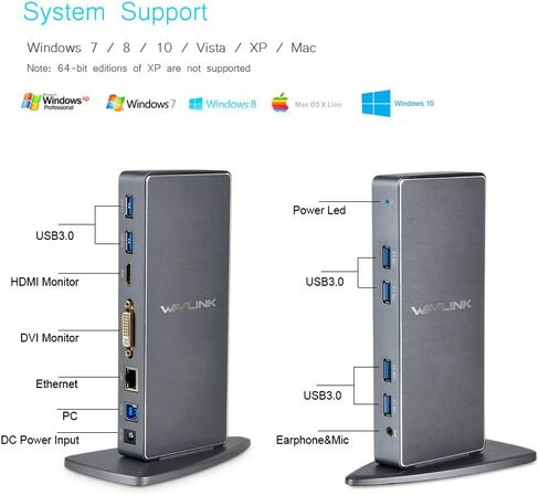 WAVLINK USB 3.0 Universal Laptop Docking Station for Windows and Mac, Dual Monitor DisplayLink Docking Station with HDMI/DVI/VGA Port, 2 USB 3.0, 4 USB 2.0, Gigabit Ethernet, Audio in Saudi Arabia