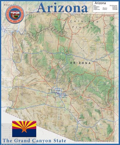 Arizona State Physical Poster Map - 16.5 x 19.5 Inches - Paper Laminated in Saudi Arabia