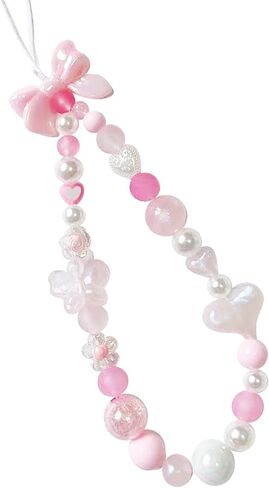LUVI Beaded Phone Charm Lanyard Wrist Strap Love Heart Bow Beads Butterfly Chain Flower String Pearl Bling Bracelet Keychain Cute Fashion for Women Girls in Saudi Arabia