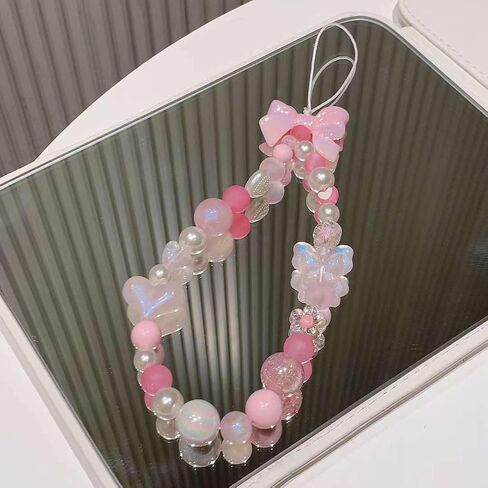 LUVI Beaded Phone Charm Lanyard Wrist Strap Love Heart Bow Beads Butterfly Chain Flower String Pearl Bling Bracelet Keychain Cute Fashion for Women Girls in Saudi Arabia