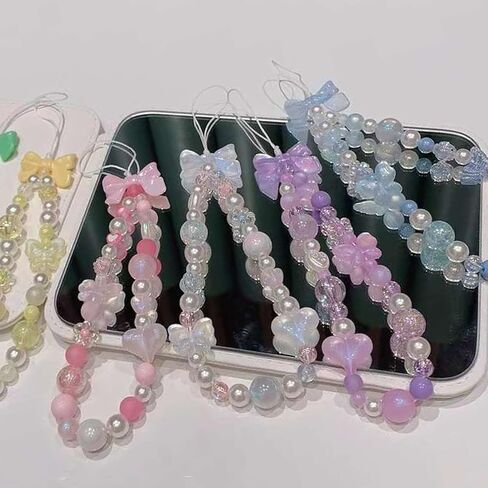 LUVI Beaded Phone Charm Lanyard Wrist Strap Love Heart Bow Beads Butterfly Chain Flower String Pearl Bling Bracelet Keychain Cute Fashion for Women Girls in Saudi Arabia