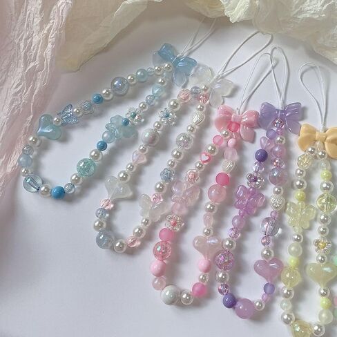 LUVI Beaded Phone Charm Lanyard Wrist Strap Love Heart Bow Beads Butterfly Chain Flower String Pearl Bling Bracelet Keychain Cute Fashion for Women Girls in Saudi Arabia
