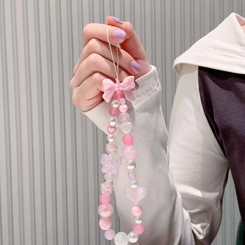 LUVI Beaded Phone Charm Lanyard Wrist Strap Love Heart Bow Beads Butterfly Chain Flower String Pearl Bling Bracelet Keychain Cute Fashion for Women Girls in Saudi Arabia
