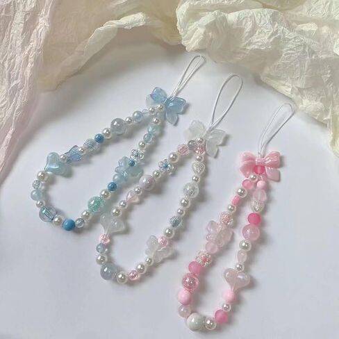 LUVI Beaded Phone Charm Lanyard Wrist Strap Love Heart Bow Beads Butterfly Chain Flower String Pearl Bling Bracelet Keychain Cute Fashion for Women Girls in Saudi Arabia