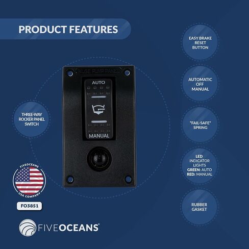 Five Oceans Bilge Pump Switch 3-Way Rocker 12-Volts, Control Panel Switch with Circuit Breaker for Manual and Automatic Bilge Pumps, LED Light Indicator - FO3851 in Saudi Arabia