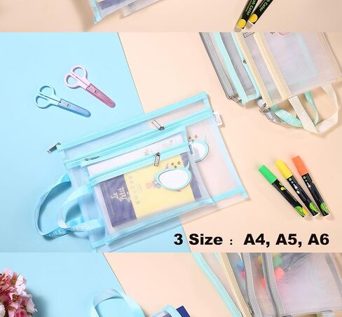 Agirlvct Mesh Pouch,Mesh Zipper Pouch Bags,3 Sizes A4 A5 A6 Double Layered Plastic Document Pouch,Make up Bag with Zipper Cosmetic Organizer Pouch for Daily Travel Storage Office Supplies(Blue) in Kuwait