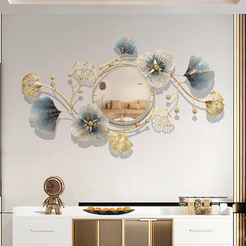 مرايا حائط معدنية ديكور لغرفة المعيشة تصميم أوراق الجنكة مرايا كبيرة مثبتة على الحائط ديكور حائط كبير للمدخل وغرفة النوم وغرفة المعيشة والحمام (32 × 19) in Saudi Arabia