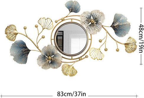 مرايا حائط معدنية ديكور لغرفة المعيشة تصميم أوراق الجنكة مرايا كبيرة مثبتة على الحائط ديكور حائط كبير للمدخل وغرفة النوم وغرفة المعيشة والحمام (32 × 19) in Saudi Arabia