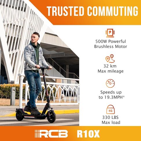 RCB سكوتر كهربائي للبالغين، محرك 500 واط و18 ميل في الساعة، سعة 330 رطل، امتصاص مزدوج للصدمات، سكوتر كهربائي محمول قابل للطي للبالغين 20-25 ميلًا طويل المدى وإطارات داخلية على شكل قرص العسل 10 بوصات in Kuwait
