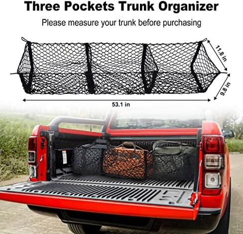 ترقية منظم سرير صندوق السيارة لسيارات Ford/Dodge/GMC/Chevy Silverado/Toyota/Nissan/Honda/Lincoln وPickup Truck، شبكة تخزين شبكية أطول بطول 59 بوصة، شبكة شحن شديدة التحمل مع 3 جيوب قابلة للفصل in Kuwait
