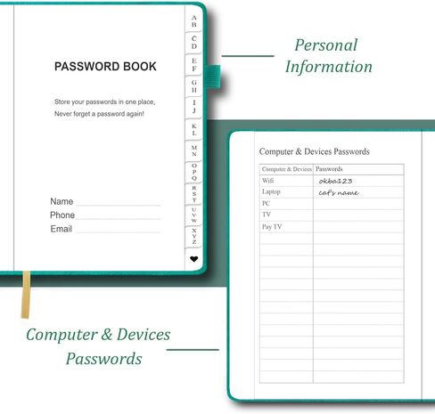 كتاب كلمة المرور مع علامات تبويب أبجدية - حافظة كلمات مرور بغلاف صلب لعنوان الإنترنت وتسجيل الدخول إلى الكمبيوتر، دفتر يوميات منظم كلمات المرور متوسط ​​الحجم للمنزل أو المكتب - 5.1 × 7 باللون الأخضر in Kuwait