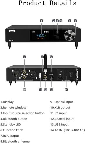 SMSL VMV D1se2 Hi-res MQA-CD ES9039MSPRO Chip DSD512، 768kHZ/32Bit Bluetooth 5.0 وحدة فك ترميز ستيريو سطح المكتب USB/I²s/الإدخال البصري، وحدة فك ترميز RCA/XLR مع جهاز تحكم عن بعد in Saudi Arabia