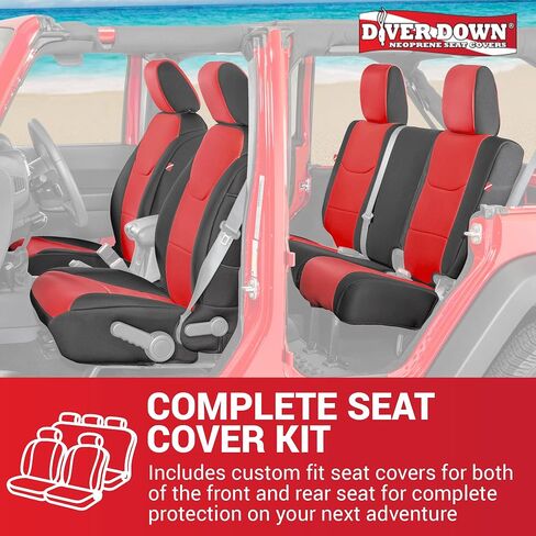 مجموعة غطاء مقعد Diver Down من النيوبرين - تناسب Jeep JK Unlimited 4 أبواب 2007-2018 - مجموعة المقعد الأمامي والخلفي - ملاءمة مخصصة - ملمس وسادة مبطن ناعم (مع شعار جيب، أحمر، 13-18) in Kuwait