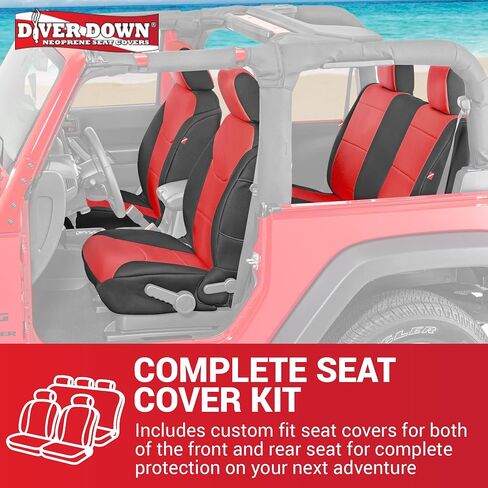 مجموعة غطاء مقعد Diver Down من النيوبرين - تناسب Jeep JK Unlimited 4 أبواب 2007-2018 - مجموعة المقعد الأمامي والخلفي - ملاءمة مخصصة - ملمس وسادة مبطن ناعم (مع شعار جيب، أحمر، 13-18) in Kuwait