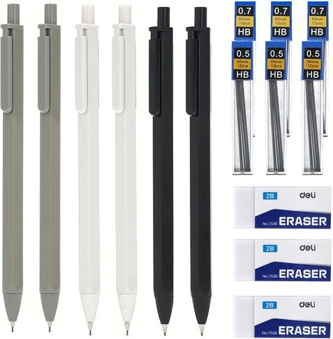 6Pcs Aesthetic Mechanical Pencil Set, Cute Mechanical Pencils 0.5 & 0.7 mm with 6 Tubes HB Lead Refills, 3PCS Erasers, Aesthetic School Supplies for Writing, Drawing, Sketching in Kuwait