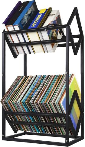 Record Holder, Two Tier Width Adjustable Heavy Duty Rack for Albums Holds, Album Display Stand for Home, Office with Sand Black Powder Coated High End Design, Up to 200 LP Storage in Kuwait