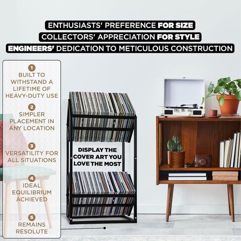 Record Holder, Two Tier Width Adjustable Heavy Duty Rack for Albums Holds, Album Display Stand for Home, Office with Sand Black Powder Coated High End Design, Up to 200 LP Storage in Kuwait