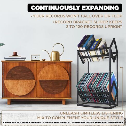 Record Holder, Two Tier Width Adjustable Heavy Duty Rack for Albums Holds, Album Display Stand for Home, Office with Sand Black Powder Coated High End Design, Up to 200 LP Storage in Kuwait