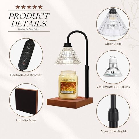Candle Warmer Lamp, 2/4/8 Hours Timer, Dimmable Candle Melting Lamp, Compatible with Jar Candle Scented, Home Decor Aesthetic, Gift for Women, Glass Lampshade, Wood Base, Gold in Saudi Arabia