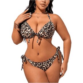Soly Hux Women's Plus Leopard Print Swimsuit Halter Tie Tie String Bikini Set Sexy Bathing Suits