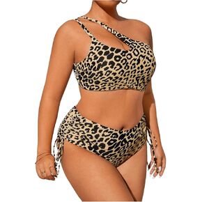 Floerns Women's Plus Size Cheetah Print One Shoulder Cut Out Bikini Set High Waisted Bathing Suit