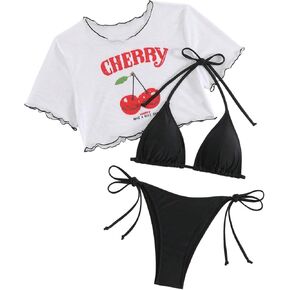 MakeMeChic Women's Bikini Sets Triangle Halter Tie Back Swimsuit with Cherry Printed Coverup Tops