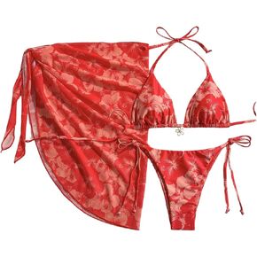 Verdusa Women's 3 Piece Floral Halter Triangle Bikini Set Tie Back Swimsuit with Cover Up Skirt