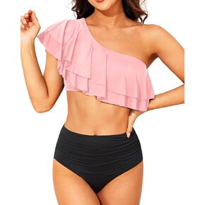 Tempt Me Women Two Piece High Waisted Bikini Set Swimsuit One Shoulder Ruffle Bathing Suits Tummy Control Ruched Swimwear