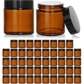 KEYWING 4oz Amber Glass Jars with Black Lids, 48 Pack Empty Cosmetic Containers Small Glass Jars with Inner Liners for Creams, Lotions, Ointments and Powders