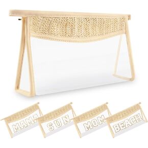 Small Boho Straw Clear Beach Makeup Bags for Women&Girls, Zipper Cosmetic Bag Chenille Varsity Letter Patch Bag, Preppy Cute Toiletry Pouch, Trendy Organizer Storage Bag for Beach Travel Essentials