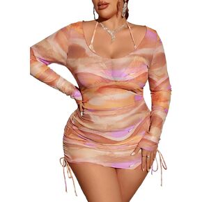 WDIRARA Women's Plus Size 3 Pieces Tie Dye Halter Bikini Set Bathing Suit with Drawstring Side Cover Up Dress