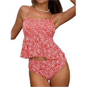 Milumia Women's Floral Tankini Set Smocked Ruffle Top High Waisted Hipster Swimsuit Boho Bathing Suits