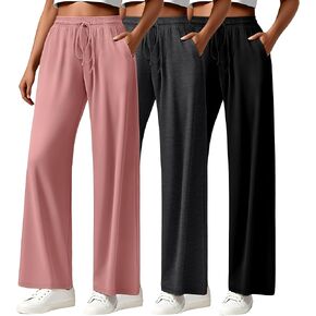 Neer 3 Pack Women's Drawstring Pants Casual Wide Leg Lounge Pants Yoga Sweatpants Loose Summer Comfy Palazzo with Pockets