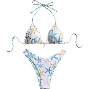 Women's All Over Printed Bathing Suit Halter High Waist Summer Swimsuit Bikinis Set