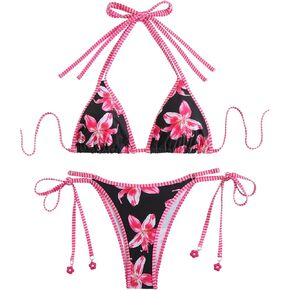 MakeMeChic Women's Floral Bikini Set Halter Tie Side String Thong Bathing Suit Swimsuit